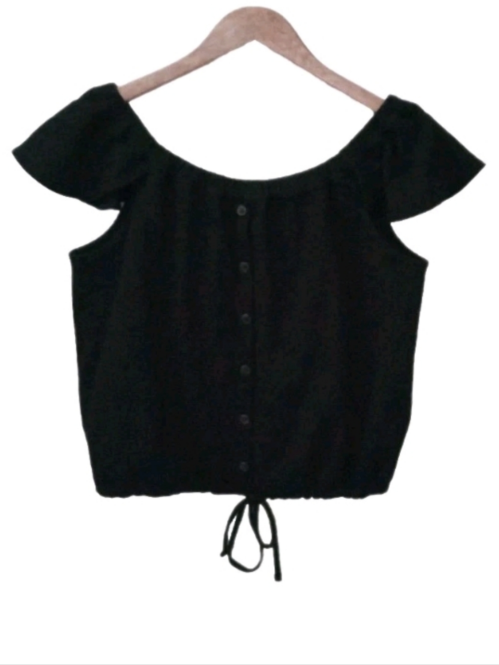 Madewell Texture & Thread Black Tie Waist Off the Shoulder Top Shirt M Cropped